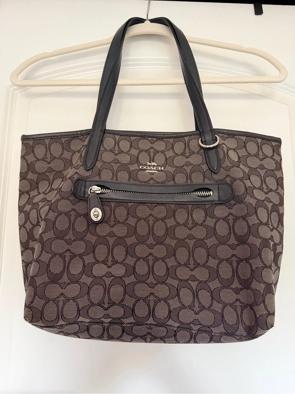 Coach Brown Signature Jacquard Tote with Black Trim
